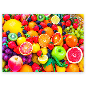 Поздравительная открытка с принтом Ягоды и фрукты в Санкт-Петербурге, 100% бумага | плотность бумаги 280 г/м2, матовая, на обратной стороне линовка и место для марки
 | апельсин | ежевика | клубника | фрукты | ягода