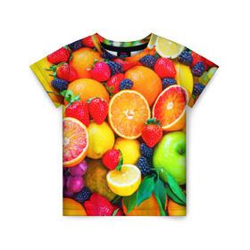 Детская футболка 3D с принтом Ягоды и фрукты в Санкт-Петербурге, 100% гипоаллергенный полиэфир | прямой крой, круглый вырез горловины, длина до линии бедер, чуть спущенное плечо, ткань немного тянется | апельсин | ежевика | клубника | фрукты | ягода
