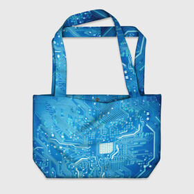 Пляжная сумка 3D с принтом Системная плата в Санкт-Петербурге, 100% полиэстер | застегивается на металлическую кнопку; внутренний карман застегивается на молнию. Стенки укреплены специальным мягким материалом, чтобы защитить содержимое от несильных ударов
 | кибер | микросхема | синий