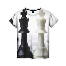 Женская футболка 3D с принтом Шахматы в Санкт-Петербурге, 100% полиэфир ( синтетическое хлопкоподобное полотно) | прямой крой, круглый вырез горловины, длина до линии бедер | белая | черная | шахматы