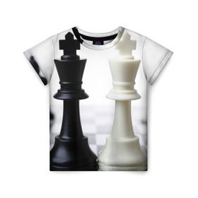 Детская футболка 3D с принтом Шахматы в Санкт-Петербурге, 100% гипоаллергенный полиэфир | прямой крой, круглый вырез горловины, длина до линии бедер, чуть спущенное плечо, ткань немного тянется | Тематика изображения на принте: белая | черная | шахматы