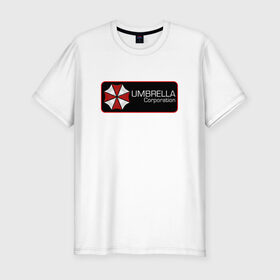 Мужская футболка премиум с принтом Umbrella corporation Нашивка-2 в Санкт-Петербурге, 92% хлопок, 8% лайкра | приталенный силуэт, круглый вырез ворота, длина до линии бедра, короткий рукав | resident evil | вирус | зомби
