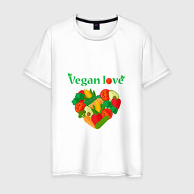 Мужская футболка хлопок с принтом Vegan love в Санкт-Петербурге, 100% хлопок | прямой крой, круглый вырез горловины, длина до линии бедер, слегка спущенное плечо. | Тематика изображения на принте: 