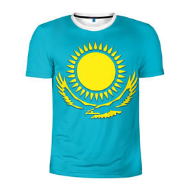 Мужская футболка 3D спортивная с принтом Казахстан в Санкт-Петербурге, 100% полиэстер с улучшенными характеристиками | приталенный силуэт, круглая горловина, широкие плечи, сужается к линии бедра | герб | казахстан | флаг
