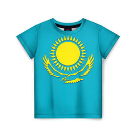 Детская футболка 3D с принтом Казахстан в Санкт-Петербурге, 100% гипоаллергенный полиэфир | прямой крой, круглый вырез горловины, длина до линии бедер, чуть спущенное плечо, ткань немного тянется | Тематика изображения на принте: герб | казахстан | флаг