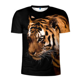 Мужская футболка 3D спортивная с принтом Тигр в Санкт-Петербурге, 100% полиэстер с улучшенными характеристиками | приталенный силуэт, круглая горловина, широкие плечи, сужается к линии бедра | полосы | хищник