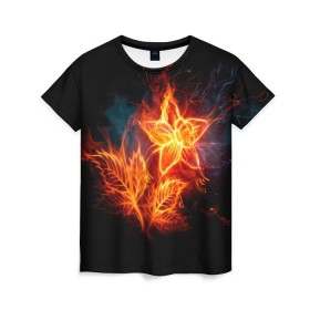 Женская футболка 3D с принтом Огненный цветок в Санкт-Петербурге, 100% полиэфир ( синтетическое хлопкоподобное полотно) | прямой крой, круглый вырез горловины, длина до линии бедер | звезда | искры | огненный цветок | огонь | пламя | пожар