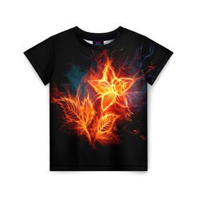 Детская футболка 3D с принтом Огненный цветок в Санкт-Петербурге, 100% гипоаллергенный полиэфир | прямой крой, круглый вырез горловины, длина до линии бедер, чуть спущенное плечо, ткань немного тянется | звезда | искры | огненный цветок | огонь | пламя | пожар