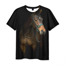 Мужская футболка 3D с принтом Породистый жеребец в Санкт-Петербурге, 100% полиэфир | прямой крой, круглый вырез горловины, длина до линии бедер | Тематика изображения на принте: жеребец | животные | конь | лошадка | лошадь | погоня | седло | скакун | скачки | узда