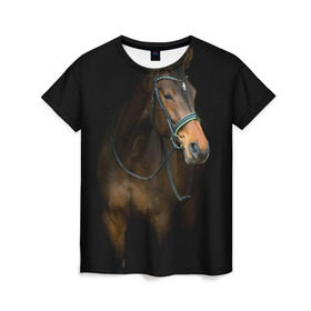 Женская футболка 3D с принтом Породистый жеребец в Санкт-Петербурге, 100% полиэфир ( синтетическое хлопкоподобное полотно) | прямой крой, круглый вырез горловины, длина до линии бедер | жеребец | животные | конь | лошадка | лошадь | погоня | седло | скакун | скачки | узда