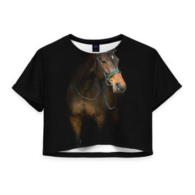Женская футболка 3D укороченная с принтом Породистый жеребец в Санкт-Петербурге, 100% полиэстер | круглая горловина, длина футболки до линии талии, рукава с отворотами | жеребец | животные | конь | лошадка | лошадь | погоня | седло | скакун | скачки | узда