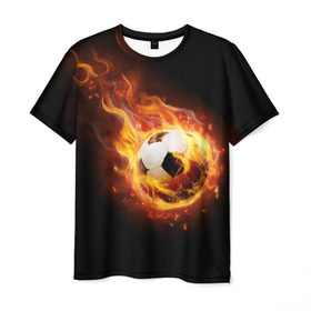 Мужская футболка 3D с принтом Страсть к футболу в Санкт-Петербурге, 100% полиэфир | прямой крой, круглый вырез горловины, длина до линии бедер | Тематика изображения на принте: игра | искры | мяч | огонь | пламя | спорт | страсть | фанат | футбол | футболист