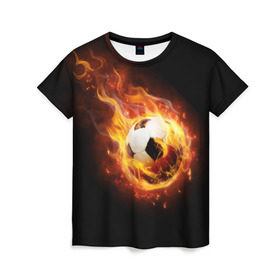 Женская футболка 3D с принтом Страсть к футболу в Санкт-Петербурге, 100% полиэфир ( синтетическое хлопкоподобное полотно) | прямой крой, круглый вырез горловины, длина до линии бедер | игра | искры | мяч | огонь | пламя | спорт | страсть | фанат | футбол | футболист