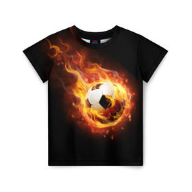 Детская футболка 3D с принтом Страсть к футболу в Санкт-Петербурге, 100% гипоаллергенный полиэфир | прямой крой, круглый вырез горловины, длина до линии бедер, чуть спущенное плечо, ткань немного тянется | Тематика изображения на принте: игра | искры | мяч | огонь | пламя | спорт | страсть | фанат | футбол | футболист