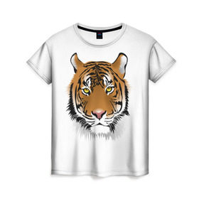 Женская футболка 3D с принтом Морда тигра в Санкт-Петербурге, 100% полиэфир ( синтетическое хлопкоподобное полотно) | прямой крой, круглый вырез горловины, длина до линии бедер | зверь | кошка | полосы | тигр | хищник