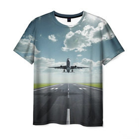 Мужская футболка 3D с принтом Самолет в Санкт-Петербурге, 100% полиэфир | прямой крой, круглый вырез горловины, длина до линии бедер | взлет | небо | природа