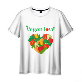 Мужская футболка 3D с принтом Vegan love в Санкт-Петербурге, 100% полиэфир | прямой крой, круглый вырез горловины, длина до линии бедер | Тематика изображения на принте: art | vegan | вегетарианство | любовь | овощи | фрукты