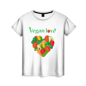 Женская футболка 3D с принтом Vegan love в Санкт-Петербурге, 100% полиэфир ( синтетическое хлопкоподобное полотно) | прямой крой, круглый вырез горловины, длина до линии бедер | Тематика изображения на принте: art | vegan | вегетарианство | любовь | овощи | фрукты