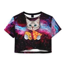 Женская футболка 3D укороченная с принтом Кот с едой в Санкт-Петербурге, 100% полиэстер | круглая горловина, длина футболки до линии талии, рукава с отворотами | art | cat | pizza | space | еда | космос | кот | кот в космосе | кот с едой | котенок | котик | пицца
