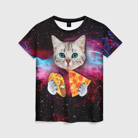 Женская футболка 3D с принтом Кот с едой в Санкт-Петербурге, 100% полиэфир ( синтетическое хлопкоподобное полотно) | прямой крой, круглый вырез горловины, длина до линии бедер | art | cat | pizza | space | еда | космос | кот | кот в космосе | кот с едой | котенок | котик | пицца