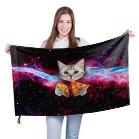 Флаг 3D с принтом Кот с едой в Санкт-Петербурге, 100% полиэстер | плотность ткани — 95 г/м2, размер — 67 х 109 см. Принт наносится с одной стороны | art | cat | pizza | space | еда | космос | кот | кот в космосе | кот с едой | котенок | котик | пицца