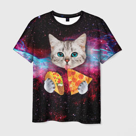 Мужская футболка 3D с принтом Кот с едой в Санкт-Петербурге, 100% полиэфир | прямой крой, круглый вырез горловины, длина до линии бедер | Тематика изображения на принте: art | cat | pizza | space | еда | космос | кот | кот в космосе | кот с едой | котенок | котик | пицца