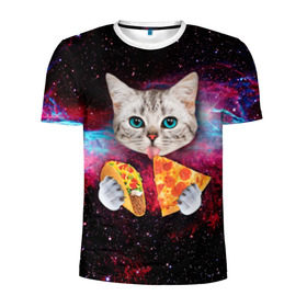 Мужская футболка 3D спортивная с принтом Кот с едой в Санкт-Петербурге, 100% полиэстер с улучшенными характеристиками | приталенный силуэт, круглая горловина, широкие плечи, сужается к линии бедра | art | cat | pizza | space | еда | космос | кот | кот в космосе | кот с едой | котенок | котик | пицца