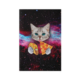 Обложка для паспорта матовая кожа с принтом Кот с едой в Санкт-Петербурге, натуральная матовая кожа | размер 19,3 х 13,7 см; прозрачные пластиковые крепления | art | cat | pizza | space | еда | космос | кот | кот в космосе | кот с едой | котенок | котик | пицца