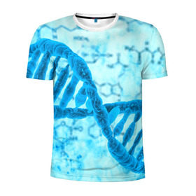 Мужская футболка 3D спортивная с принтом ДНК в Санкт-Петербурге, 100% полиэстер с улучшенными характеристиками | приталенный силуэт, круглая горловина, широкие плечи, сужается к линии бедра | Тематика изображения на принте: абстракция | биология | днк | молекула | синяя.цепочка | формула