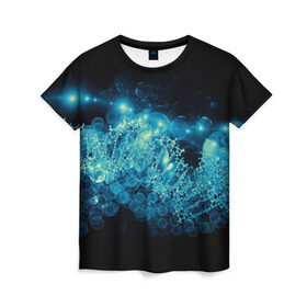 Женская футболка 3D с принтом Молекула в Санкт-Петербурге, 100% полиэфир ( синтетическое хлопкоподобное полотно) | прямой крой, круглый вырез горловины, длина до линии бедер | абстракция | биология | днк | молекула | синяя.цепочка | формула