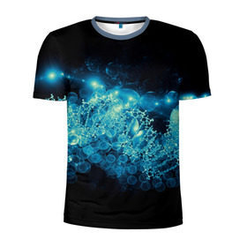 Мужская футболка 3D спортивная с принтом Молекула в Санкт-Петербурге, 100% полиэстер с улучшенными характеристиками | приталенный силуэт, круглая горловина, широкие плечи, сужается к линии бедра | абстракция | биология | днк | молекула | синяя.цепочка | формула