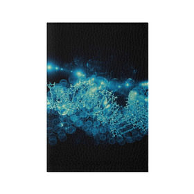 Обложка для паспорта матовая кожа с принтом Молекула в Санкт-Петербурге, натуральная матовая кожа | размер 19,3 х 13,7 см; прозрачные пластиковые крепления | Тематика изображения на принте: абстракция | биология | днк | молекула | синяя.цепочка | формула