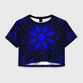 Женская футболка 3D укороченная с принтом Трайбл узор в Санкт-Петербурге, 100% полиэстер | круглая горловина, длина футболки до линии талии, рукава с отворотами | градиент | синий | цветок | черный