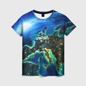 Женская футболка 3D с принтом Вид Земли из космоса в Санкт-Петербурге, 100% полиэфир ( синтетическое хлопкоподобное полотно) | прямой крой, круглый вырез горловины, длина до линии бедер | земля | орбита