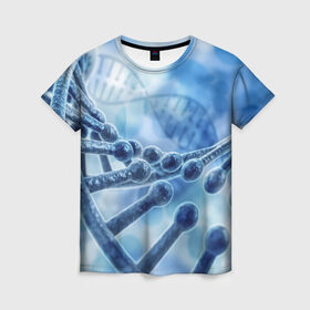 Женская футболка 3D с принтом Молекула ДНК в Санкт-Петербурге, 100% полиэфир ( синтетическое хлопкоподобное полотно) | прямой крой, круглый вырез горловины, длина до линии бедер | dna | биохимия | внешность | ген | генетика | днк | молекула | наследственность | спираль | способности | структура | характер | черты