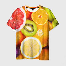 Мужская футболка 3D с принтом Фрукты в Санкт-Петербурге, 100% полиэфир | прямой крой, круглый вырез горловины, длина до линии бедер | Тематика изображения на принте: апельсин | киви | новая | фрукты | цитрус