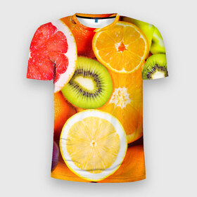 Мужская футболка 3D спортивная с принтом Фрукты в Санкт-Петербурге, 100% полиэстер с улучшенными характеристиками | приталенный силуэт, круглая горловина, широкие плечи, сужается к линии бедра | апельсин | киви | новая | фрукты | цитрус