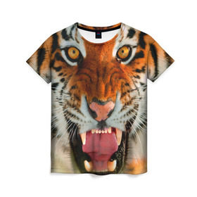 Женская футболка 3D с принтом Амурский тигр в Санкт-Петербурге, 100% полиэфир ( синтетическое хлопкоподобное полотно) | прямой крой, круглый вырез горловины, длина до линии бедер | амур | голова | животные | кошка | оскал | тигр