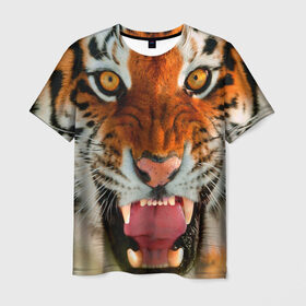 Мужская футболка 3D с принтом Амурский тигр в Санкт-Петербурге, 100% полиэфир | прямой крой, круглый вырез горловины, длина до линии бедер | амур | голова | животные | кошка | оскал | тигр