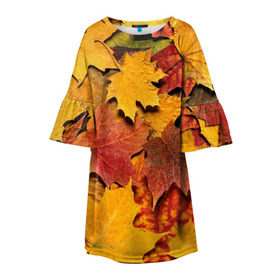 Детское платье 3D с принтом Осень на дворе в Санкт-Петербурге, 100% полиэстер | прямой силуэт, чуть расширенный к низу. Круглая горловина, на рукавах — воланы | Тематика изображения на принте: бордовый | жёлтый | красный | листва | листья