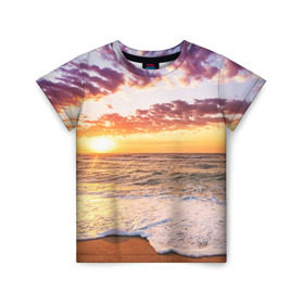 Детская футболка 3D с принтом Sunset в Санкт-Петербурге, 100% гипоаллергенный полиэфир | прямой крой, круглый вырез горловины, длина до линии бедер, чуть спущенное плечо, ткань немного тянется | волны | закат | море | небо | океан | рассвет | солнце