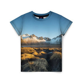 Детская футболка 3D с принтом Горный хребет в Санкт-Петербурге, 100% гипоаллергенный полиэфир | прямой крой, круглый вырез горловины, длина до линии бедер, чуть спущенное плечо, ткань немного тянется | горы | небо | пейзаж | скалы | хребет