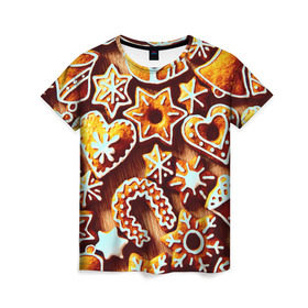 Женская футболка 3D с принтом Новогоднее печенье в Санкт-Петербурге, 100% полиэфир ( синтетическое хлопкоподобное полотно) | прямой крой, круглый вырез горловины, длина до линии бедер | оранжевый | печенье | сладости | хлебные