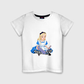 Детская футболка хлопок с принтом Алиса в стране чудес в Санкт-Петербурге, 100% хлопок | круглый вырез горловины, полуприлегающий силуэт, длина до линии бедер | Тематика изображения на принте: алиса | блондинка | в стране чудес | девочка | книга | мультик | сказка