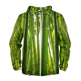 Мужская ветровка 3D с принтом Бамбук в Санкт-Петербурге, 100% полиэстер | подол и капюшон оформлены резинкой с фиксаторами, два кармана без застежек по бокам, один потайной карман на груди | Тематика изображения на принте: бамбук | зеленая | растения