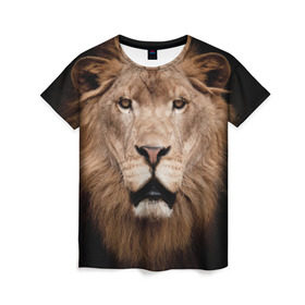 Женская футболка 3D с принтом Царь зверей в Санкт-Петербурге, 100% полиэфир ( синтетическое хлопкоподобное полотно) | прямой крой, круглый вырез горловины, длина до линии бедер | власть | дикая кошка | животное | король джунглей | лев | львица | мощь | мудрость | охотник | сила | хитрость | хищник | царь зверей