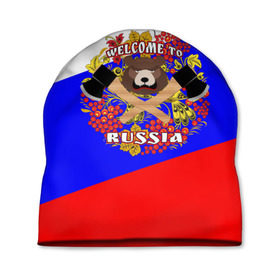Шапка 3D с принтом Добро пожаловать в Россию в Санкт-Петербурге, 100% полиэстер | универсальный размер, печать по всей поверхности изделия | russia | welcome | медведь | россия | хохлома