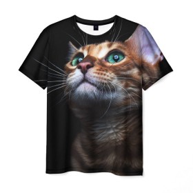 Мужская футболка 3D с принтом Милый котик в Санкт-Петербурге, 100% полиэфир | прямой крой, круглый вырез горловины, длина до линии бедер | кошка | темный | фото