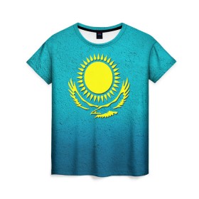 Женская футболка 3D с принтом Флаг Казахстана в Санкт-Петербурге, 100% полиэфир ( синтетическое хлопкоподобное полотно) | прямой крой, круглый вырез горловины, длина до линии бедер | казах | казахский | казахстан | национальный | нация | республика | рк | флаг | флаги