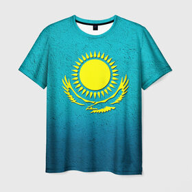 Мужская футболка 3D с принтом Флаг Казахстана в Санкт-Петербурге, 100% полиэфир | прямой крой, круглый вырез горловины, длина до линии бедер | Тематика изображения на принте: казах | казахский | казахстан | национальный | нация | республика | рк | флаг | флаги